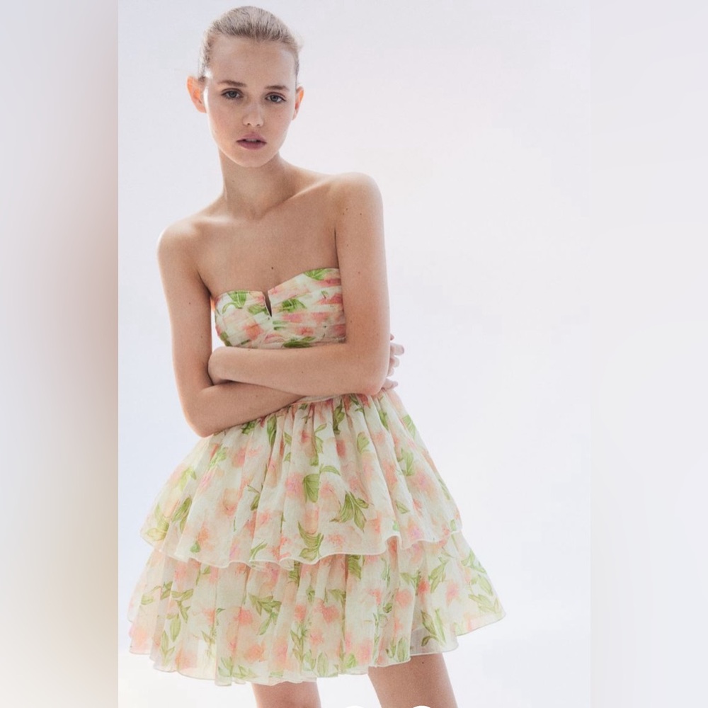 Floral Bandeau Dress with Flared Skirt - Size Small NWT